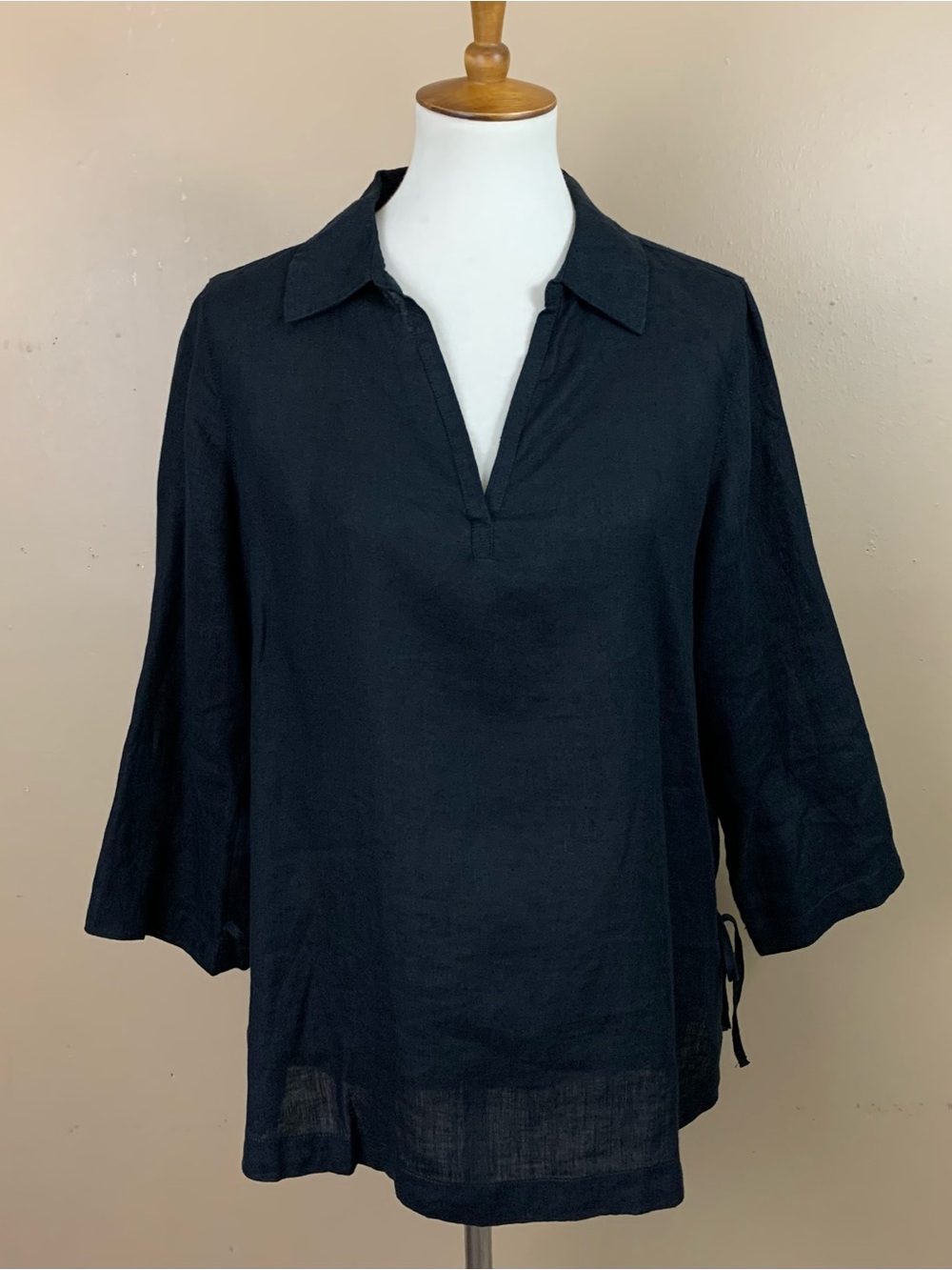 Isaac Mizrahi Womens Medium Black 100% Linen Tunic Top 3/4 Sleeve Side Tie Shirt